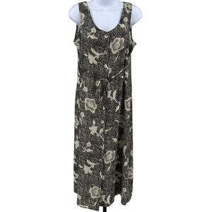 Voir Collection Dress Black Beige Floral Womens M Sleeveless Button Up VNeck Vtg